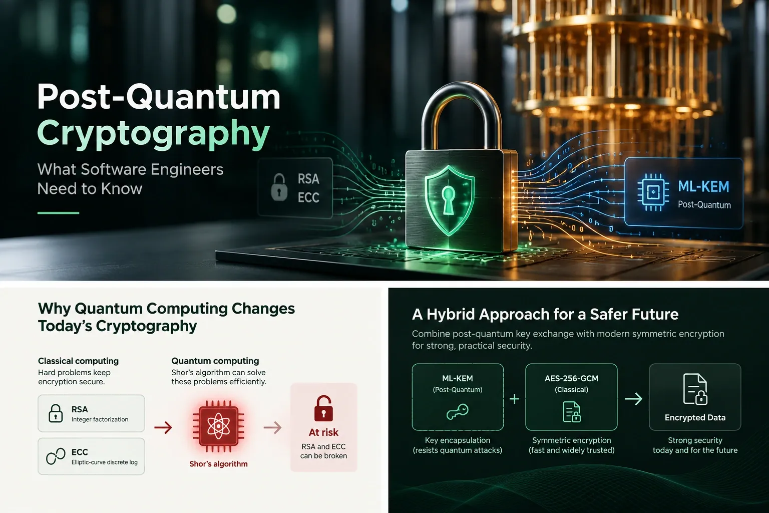 Diagram showing ML-KEM key encapsulation combined with AES-256-GCM authenticated encryption before producing encrypted data.